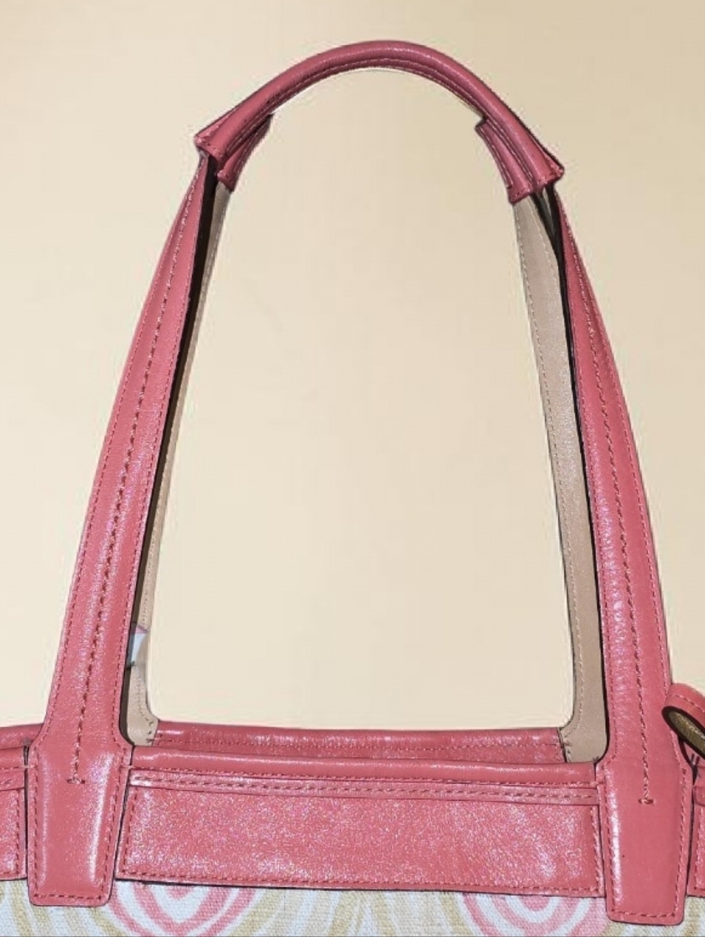 Good Condition  Coach AUDREY  Pink Patterned Tote Bag with Coral Trim - Picture 3 of 9